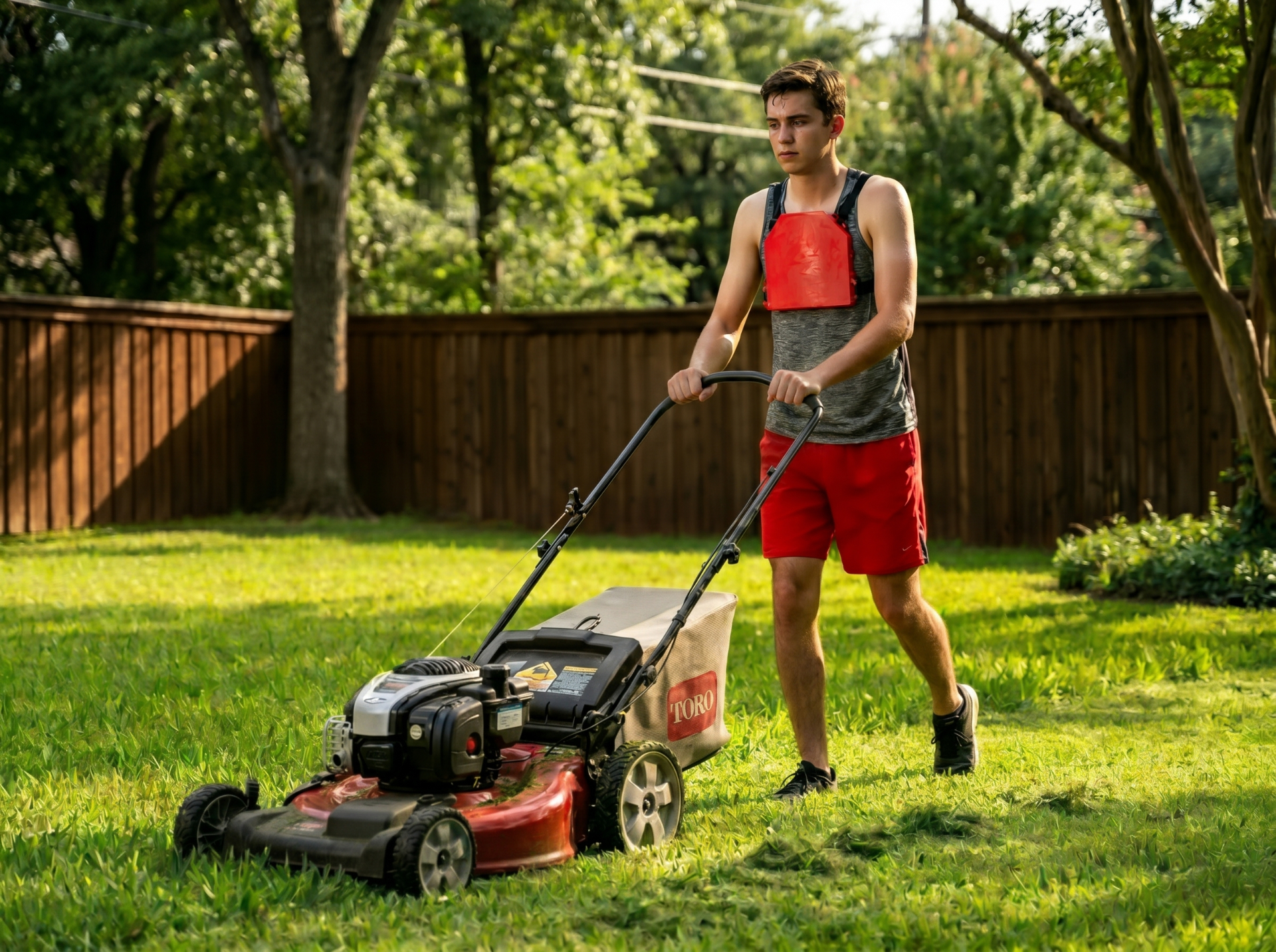 Mowing the lawn while wearing Frost Vest
